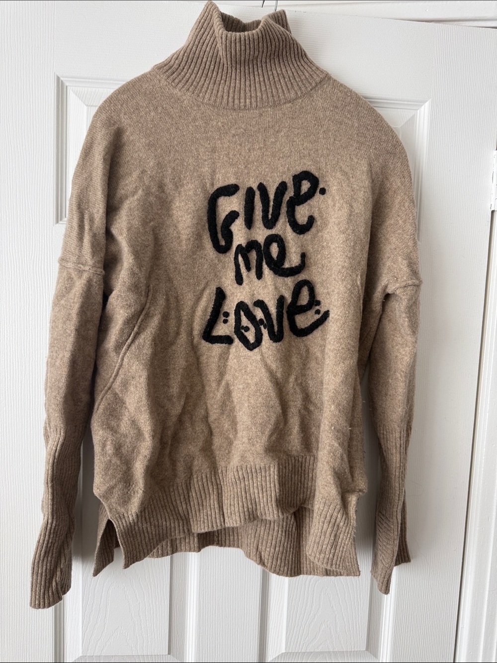 Zadig & Voltaire Taupe Turtleneck Sweater with Black 'Give Me Love' Script